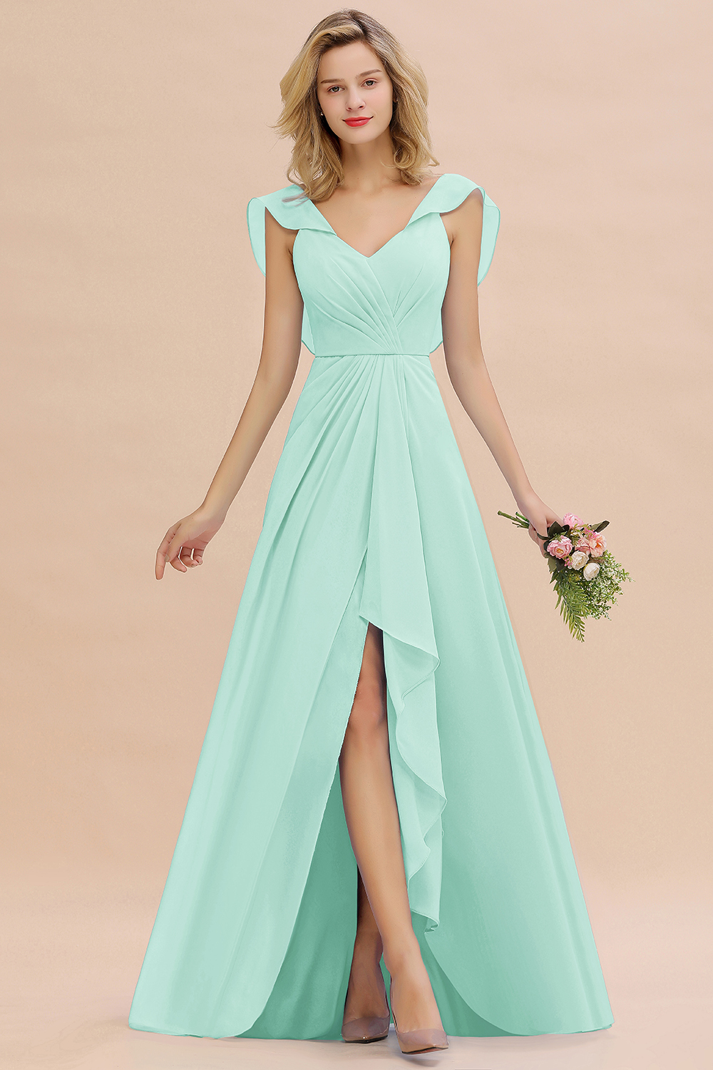 BM0777 Simple Hi-Lo V-Neck Ruffles Long Bridesmaid Dress