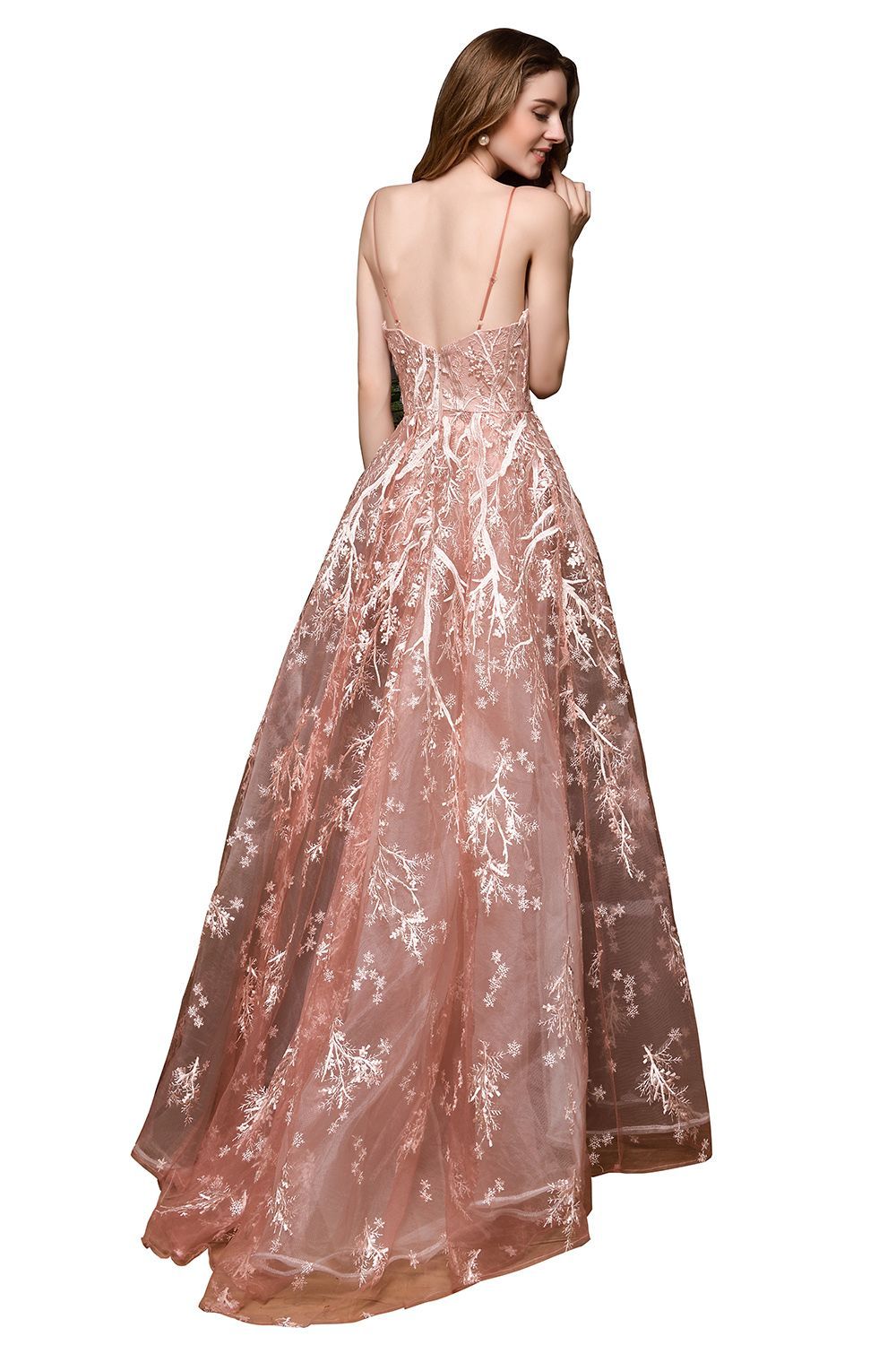 Dusty Pink Spaghetti Strap A-line Lace Prom Dress