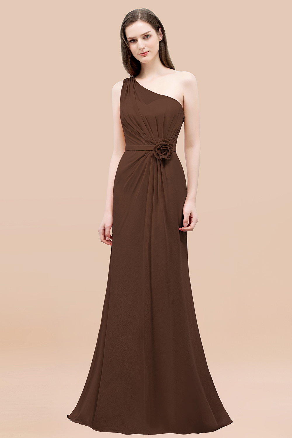Mermaid Chiffon One-shoulder Sleeveless Ruffled Floor-Length Bridesmaid Dresses with Flower