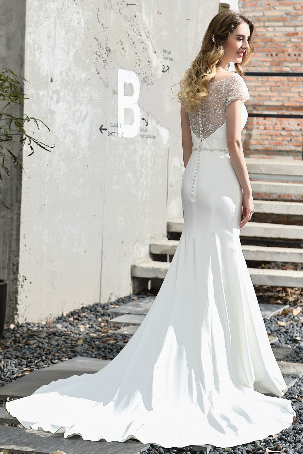 Long Mermaid Satin Belt Lace White Dresses with Short Sleeves