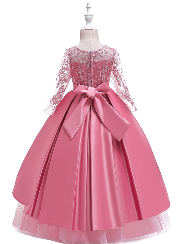 Princess Floor Length Wedding / Party / Pageant Flower Girl Dresses - Lace / Satin / Tulle Long Sleeve Jewel Neck With Lace / Belt / Crystals