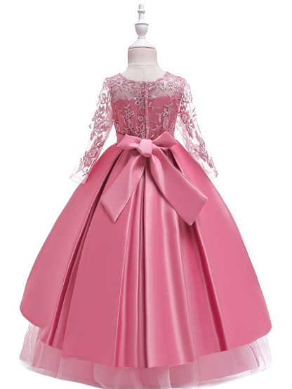 Princess Floor Length Wedding / Party / Pageant Flower Girl Dresses - Lace / Satin / Tulle Long Sleeve Jewel Neck With Lace / Belt / Crystals