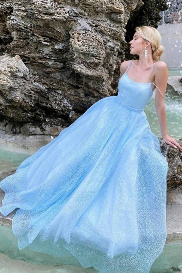Elegant A-line Spaghetti Straps Backless Floor-length Sequins Ruffles Backless Prom Dress