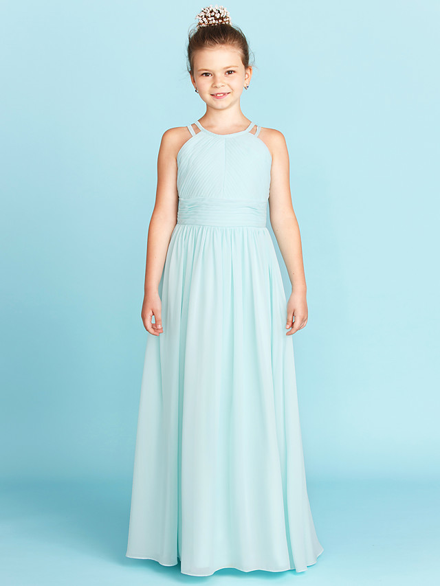 Princess / A-Line Jewel Neck Floor Length Chiffon Junior Bridesmaid Dress With Ruched / Side-Draped / Wedding Party / Open Back