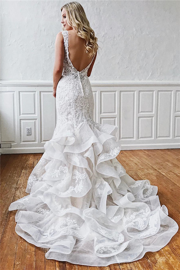Elegant Long Mermaid V-neck Straps Ruffled Lace Backless Wedding Dresses