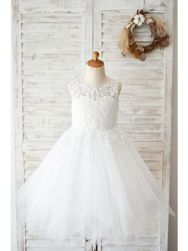 White Ball Gown Tulle Lace Birthday Flower Girl Dresses
