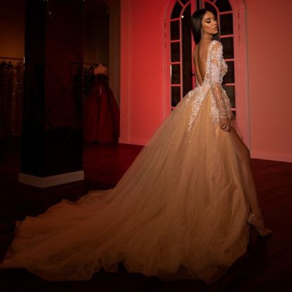 Extravagant Princess Long Sleeves Tulle Open Back Prom Dress with Slit