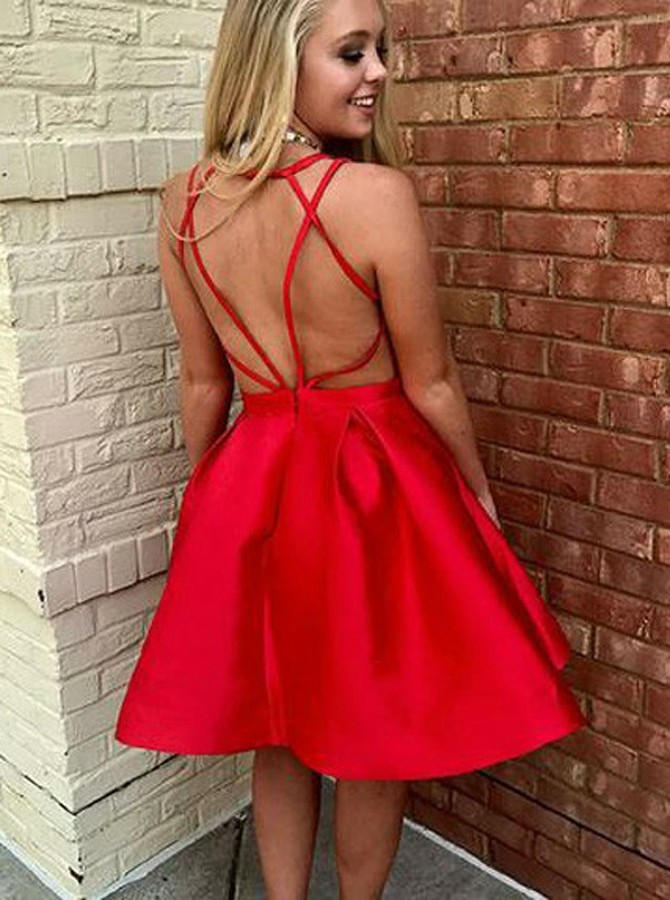 Sexy Short A-line V-Neck Open Back Red Homecoming Dresses - CoCosBride