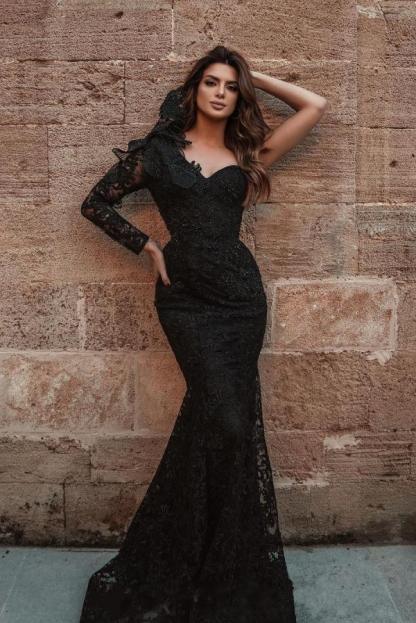 Elegant Long Mermaid One Shoulder Glitter Lace Prom Dress