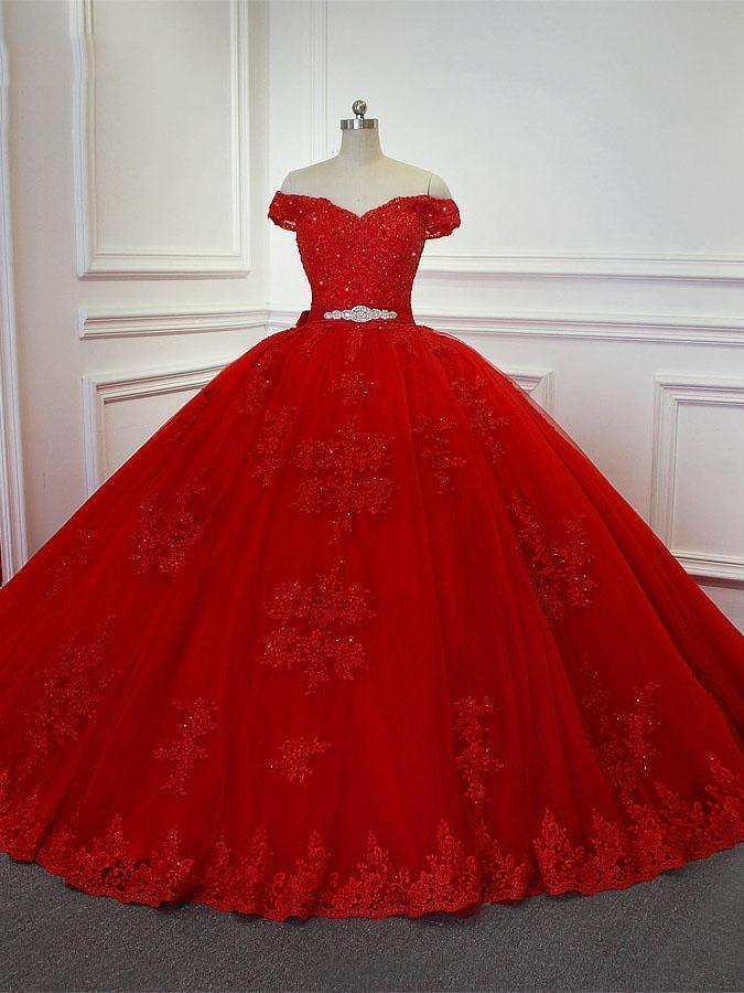 Red Off-the -Shoulder Lace-Up Crytal Princess Wedding Dresses