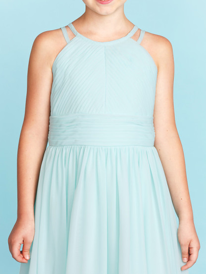 Princess / A-Line Jewel Neck Floor Length Chiffon Junior Bridesmaid Dress With Ruched / Side-Draped / Wedding Party / Open Back