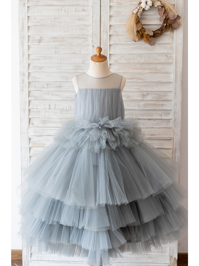 Grey Ball Gown Sleeveless Tulle Birthday Party Girl Dresses