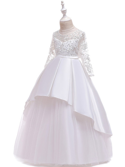 Princess Floor Length Wedding / Party / Pageant Flower Girl Dresses - Lace / Satin / Tulle Long Sleeve Jewel Neck With Lace / Belt / Crystals