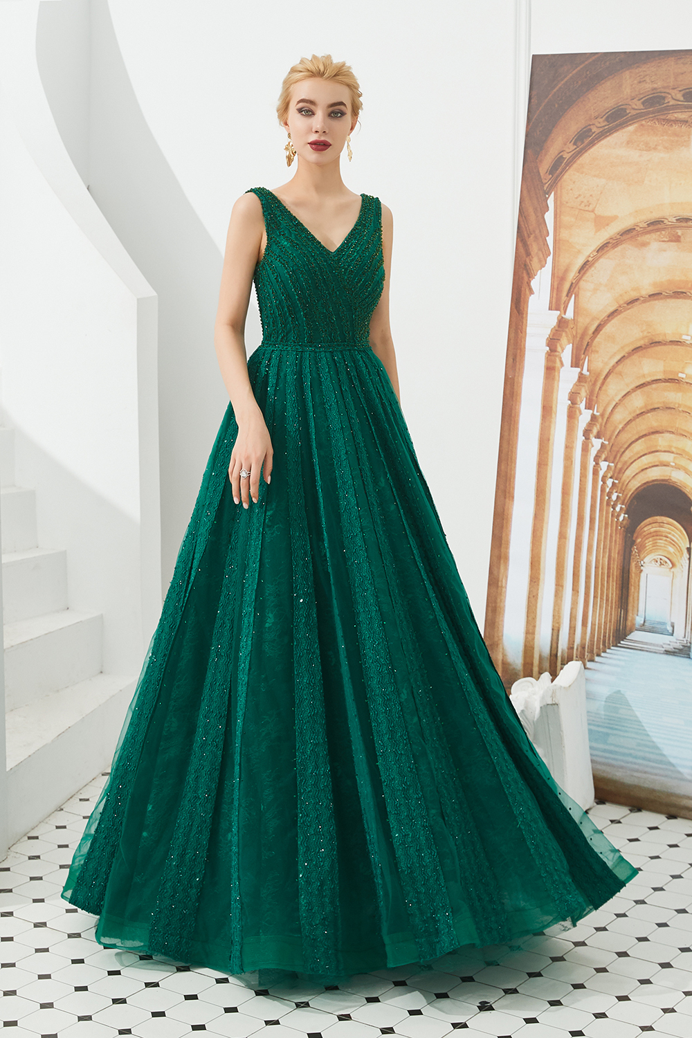Long V-neck Tulle A-line Sequin Burgundy Formal Dresses