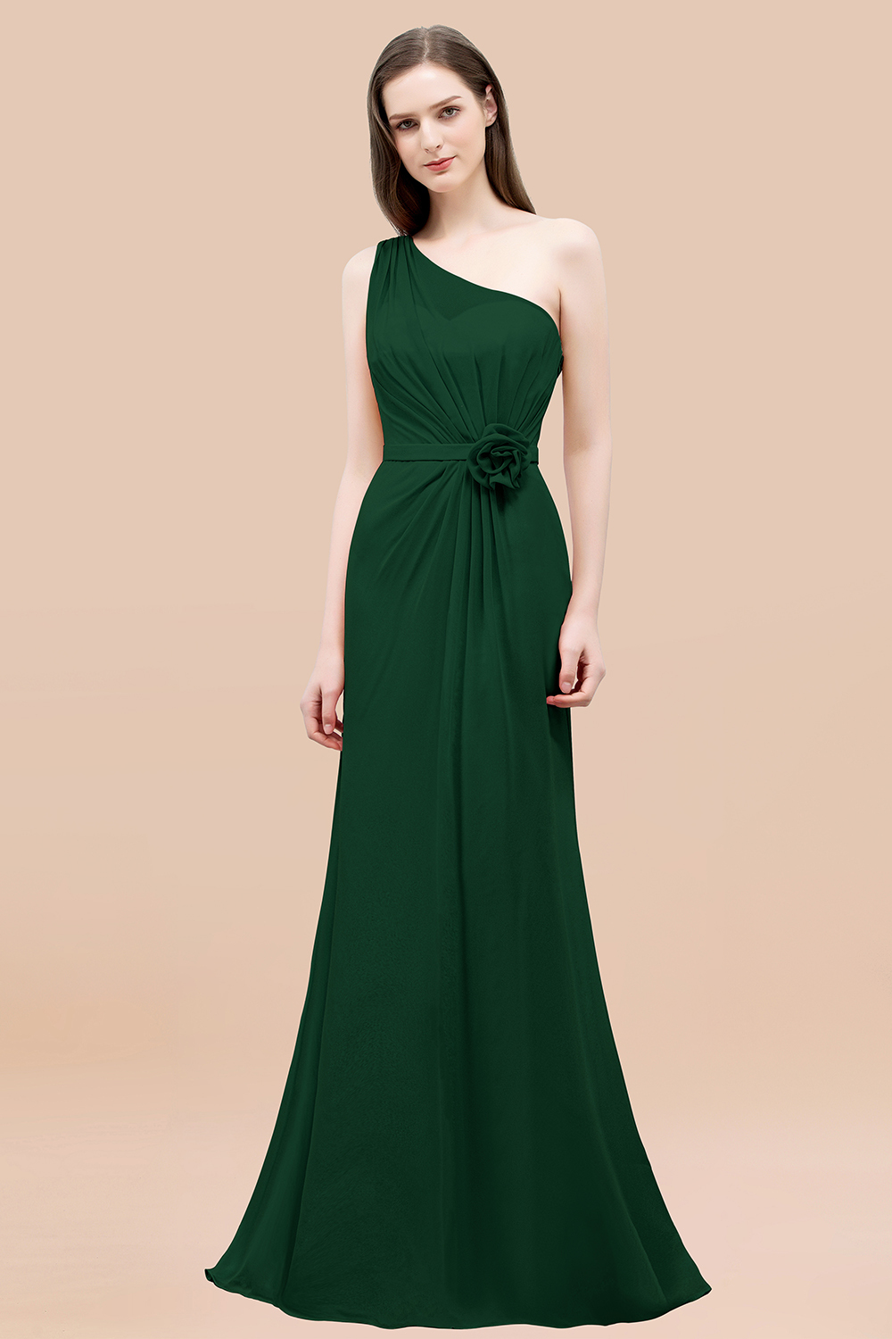Mermaid Chiffon One-shoulder Sleeveless Ruffled Floor-Length Bridesmaid Dresses with Flower