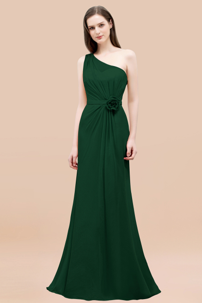 Mermaid Chiffon One-shoulder Sleeveless Ruffled Floor-Length Bridesmaid Dresses with Flower