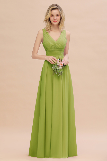 Elegant A-line V-Neck Ruffles Long Bridesmaid Dress