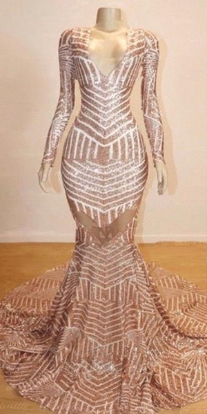 Mermaid Long Sleeves V-neck Sequined Sweep Train Prom Dresses