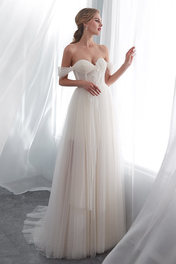 Long Sweetheart Lace-up Tulle Off the Shoulder A-line Wedding Dress