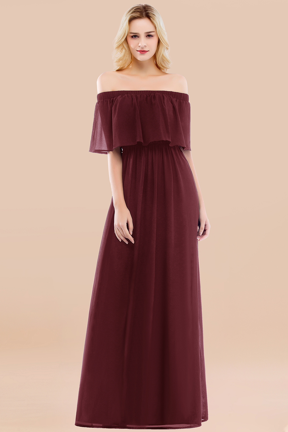 A-line Chiffon Off-the-Shoulder Short-Sleeves Ruffles Floor-length Bridesmaid Dress