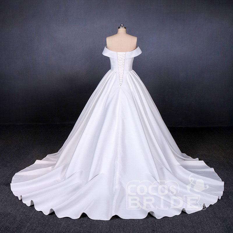 Elegant Off the Shoulder Satin Ball Gown Long Train Wedding Dress