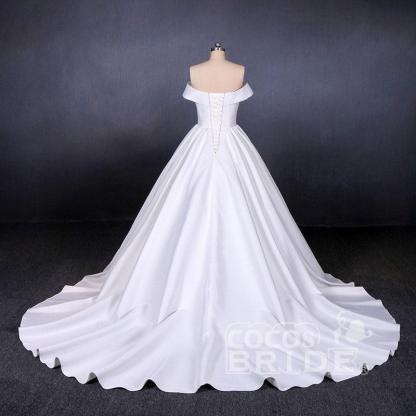 Elegant Off the Shoulder Satin Ball Gown Long Train Wedding Dress