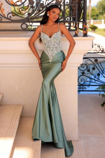 Spaghetti Straps Sweetheart Draped Satin Long Mermaid Prom Dress with Sequins