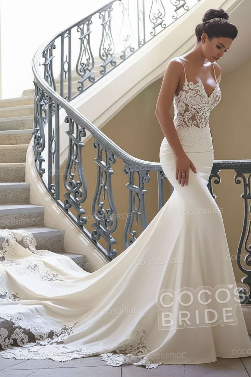 Long Mermaid Spaghetti Strap Sweetheart Lace Backless Wedding Dresses