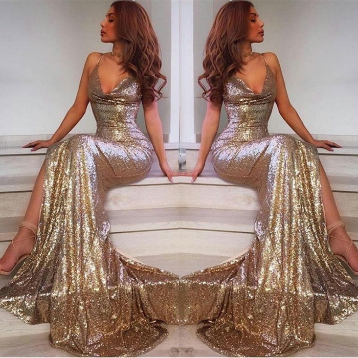 Sexy Long Mermaid V-neck Open Back Sequins Prom Dress with Slit
