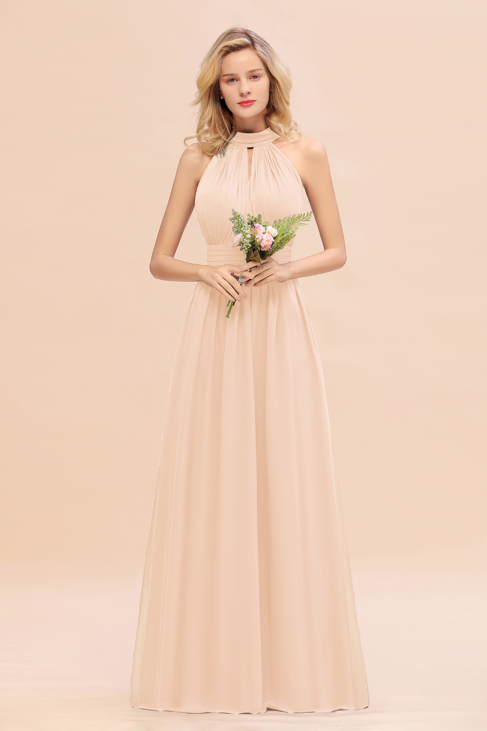 BM0758 Glamorous High-Neck Halter Bridesmaid Affordable Dresses with Ruffle