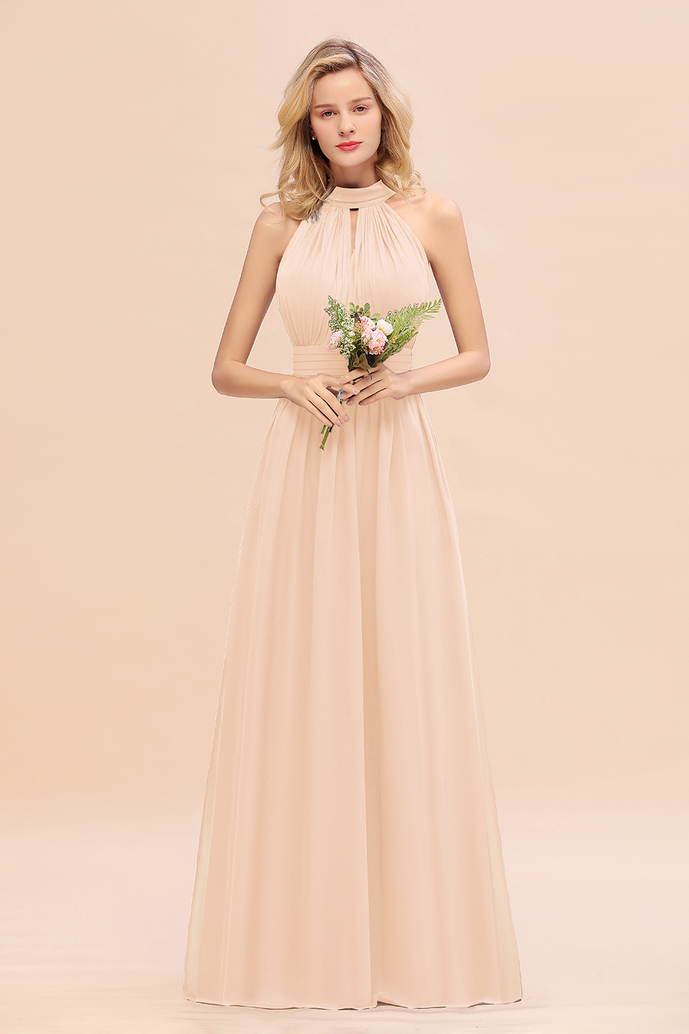 BM0758 Glamorous High-Neck Halter Bridesmaid Affordable Dresses with Ruffle