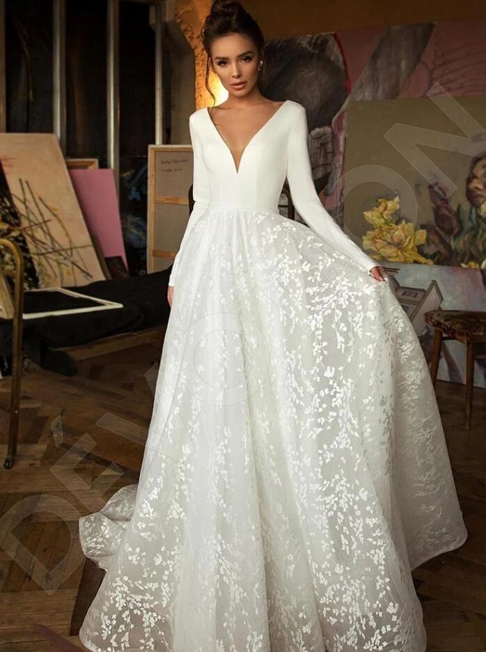 Simple Long A-line V-neck Satin Tulle Lace Wedding Dresses with Sleeve COCOSBRIDE Simple Long A-line V-neck Satin Tulle Lace Wedding Dresses with Sleeve COCOSBRIDE
