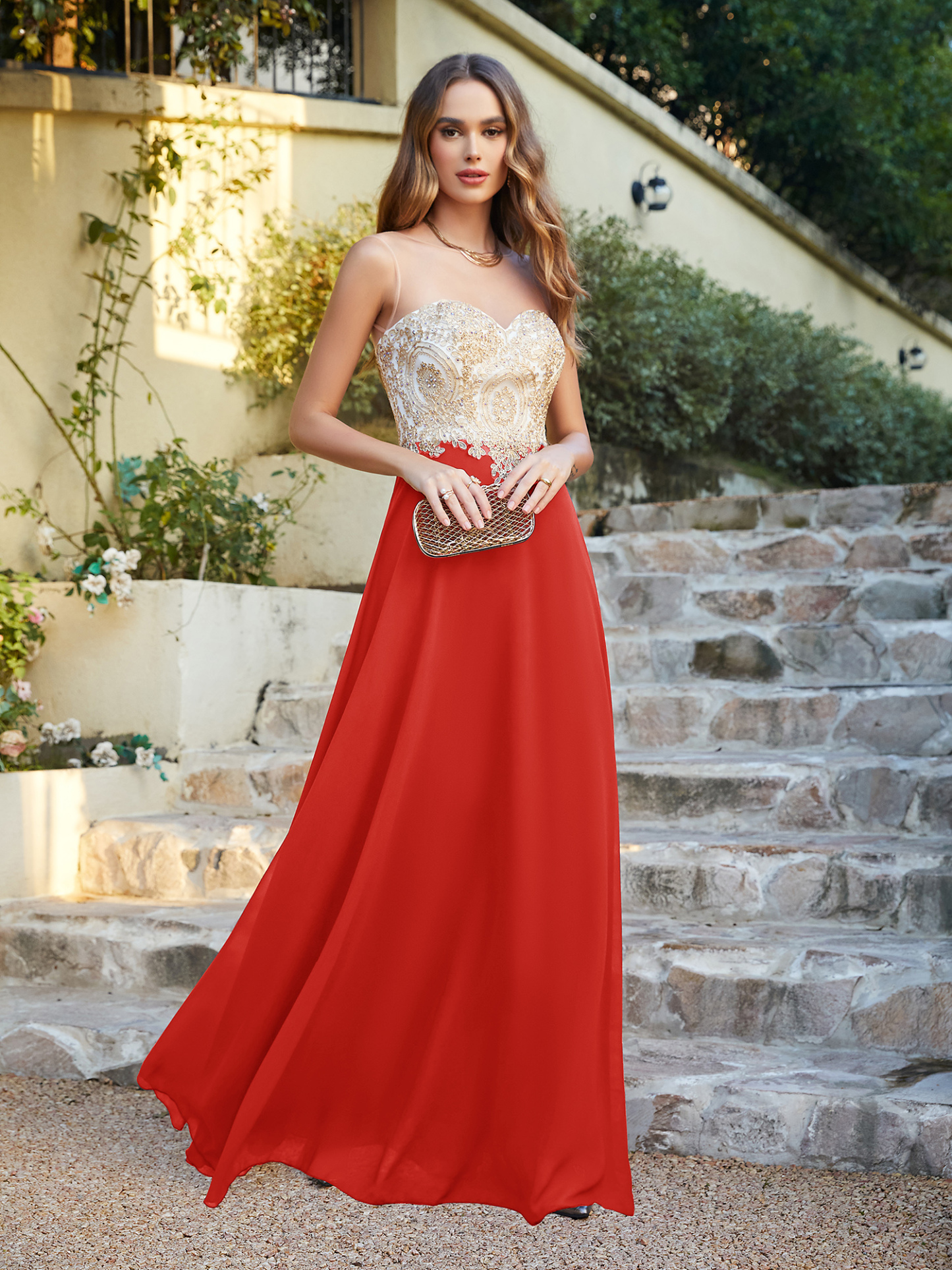 Elegant Long A-line Chiffon Sleeveless Tulle Lace Appliques Prom Dress