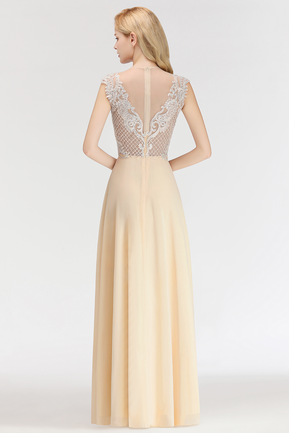Elegant A-Line Champagne Sleeveless Crystal Jewel Bridesmaid Dress