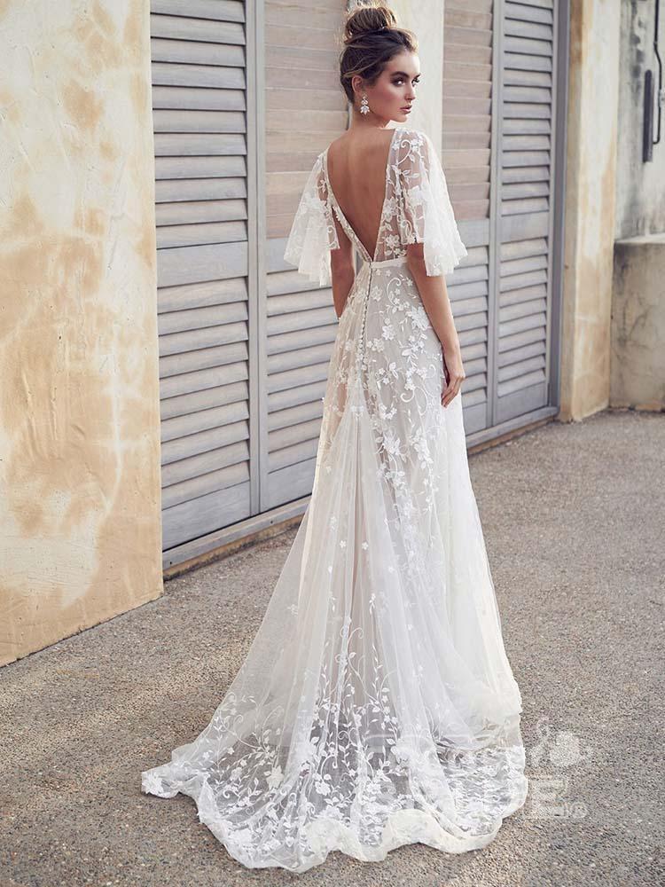 Long A-line V Neck Half Sleeves Lace Backless Boho Wedding Dresses