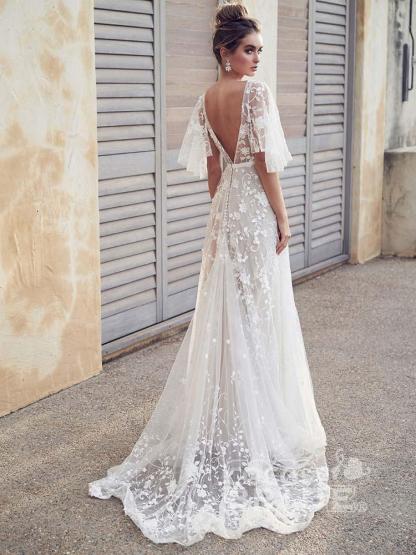 Long A-line V Neck Half Sleeves Lace Backless Boho Wedding Dresses