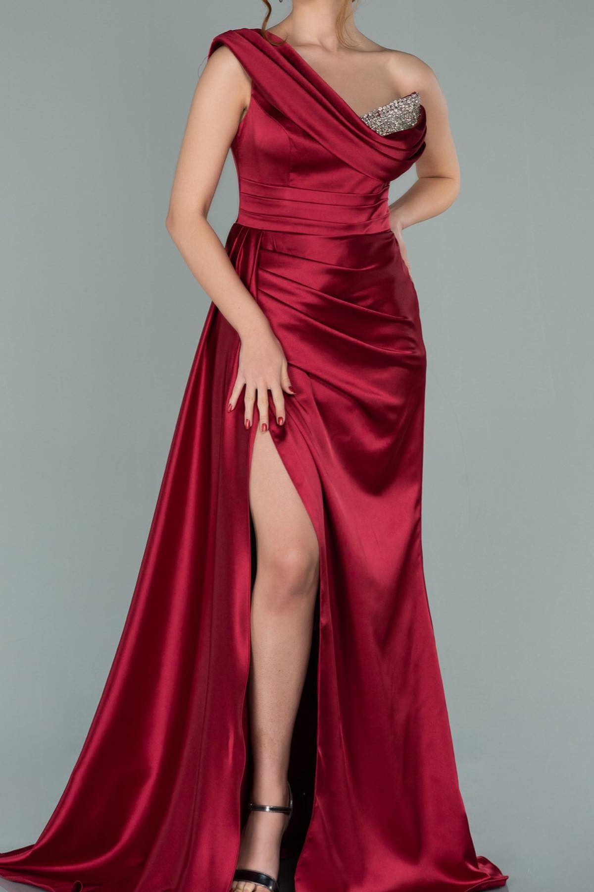 Burgundy Long Mermaid One Shoulder Satin Beads Evening Prom Dresses with Slit