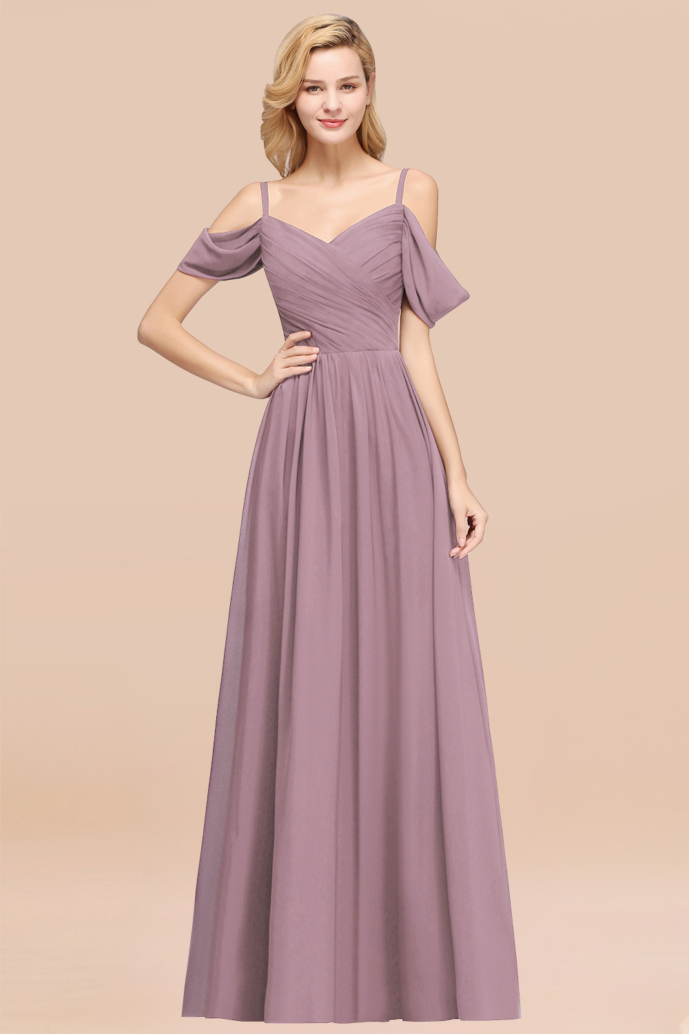 A-Line Chiffon V-Neck Spaghetti Straps Short-Sleeves Floor-Length Bridesmaid Dresses with Ruffles