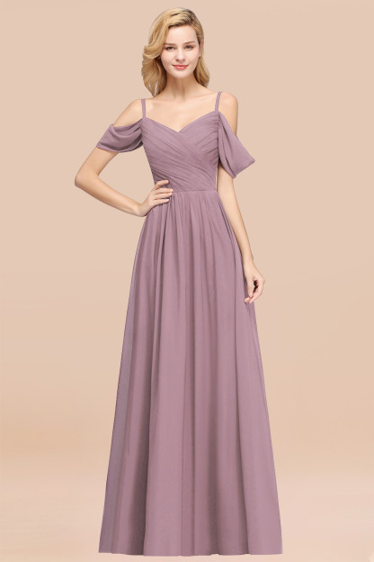 A-Line Chiffon V-Neck Spaghetti Straps Short-Sleeves Floor-Length Bridesmaid Dresses with Ruffles