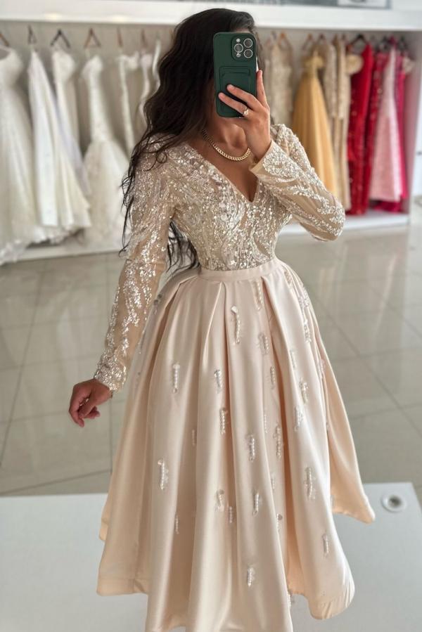 Champagne Long Sleeves V Neck A Line Long Prom Dress with Beads and Ruffles