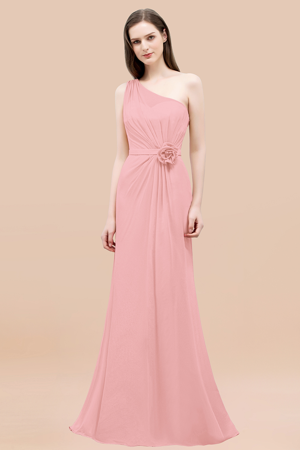 Mermaid Chiffon One-shoulder Sleeveless Ruffled Floor-Length Bridesmaid Dresses with Flower