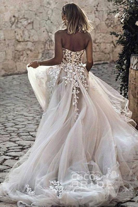 Elegant A Line Sweetheart Tulle Lace Applique Long Wedding Long Dress