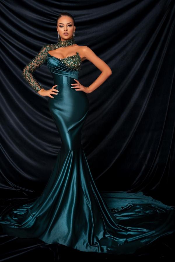 Dark Green Mermaid One Shoulder Satin Long Prom Dresses with Court Train