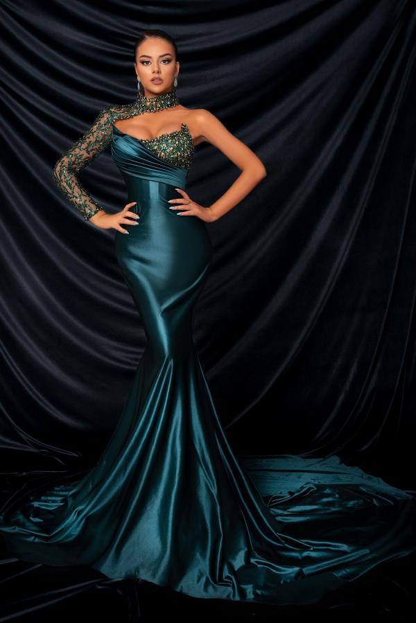 Dark Green Mermaid One Shoulder Satin Long Prom Dresses with Court Train