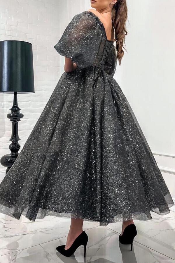 Grey Off The Shoulder Sequins Tulle A Line Party Dress with Sleeves