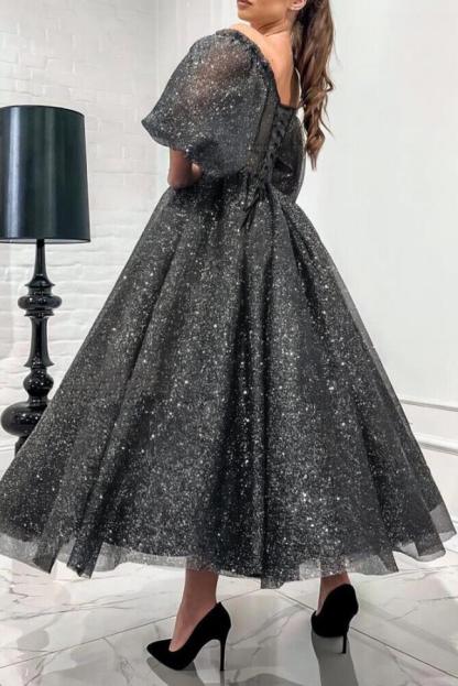 Grey Off The Shoulder Sequins Tulle A Line Party Dress with Sleeves