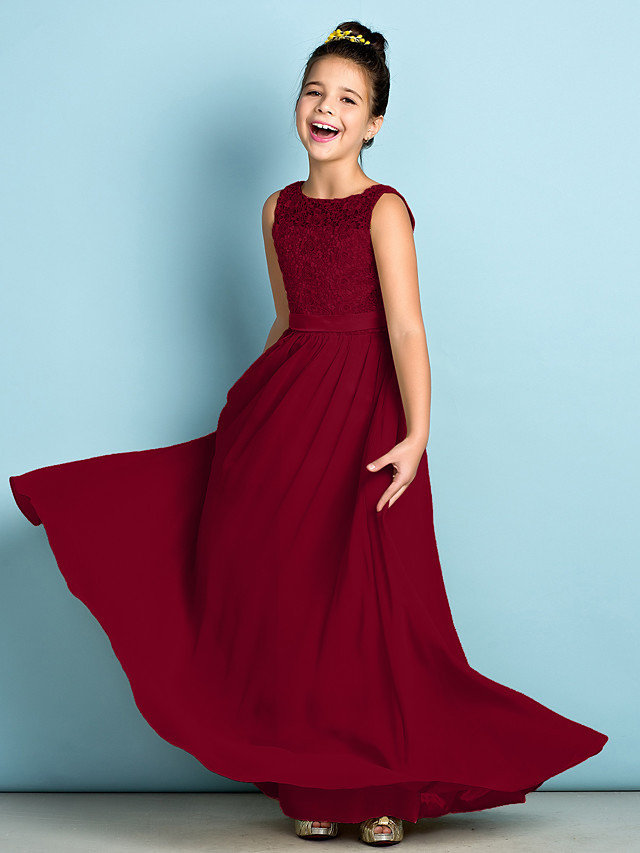 A-Line Scoop Neck Floor Length Chiffon / Lace Junior Bridesmaid Dress With Lace / Natural / Mini Me