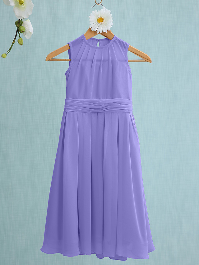 Sky Blue Long A-line Jewel Neck Knee Length Chiffon Junior Bridesmaid Dress