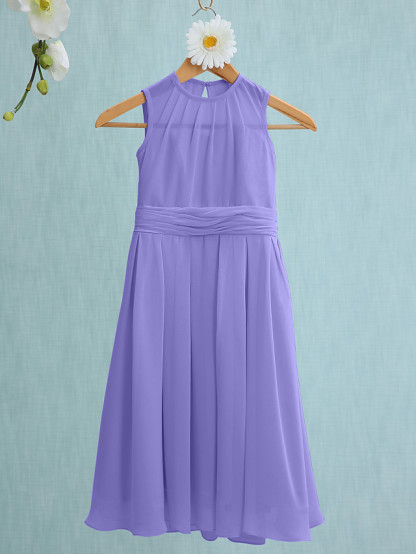 Sky Blue Long A-line Jewel Neck Knee Length Chiffon Junior Bridesmaid Dress