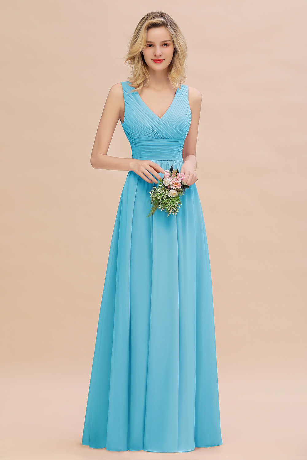 Elegant A-line V-Neck Ruffles Long Bridesmaid Dress